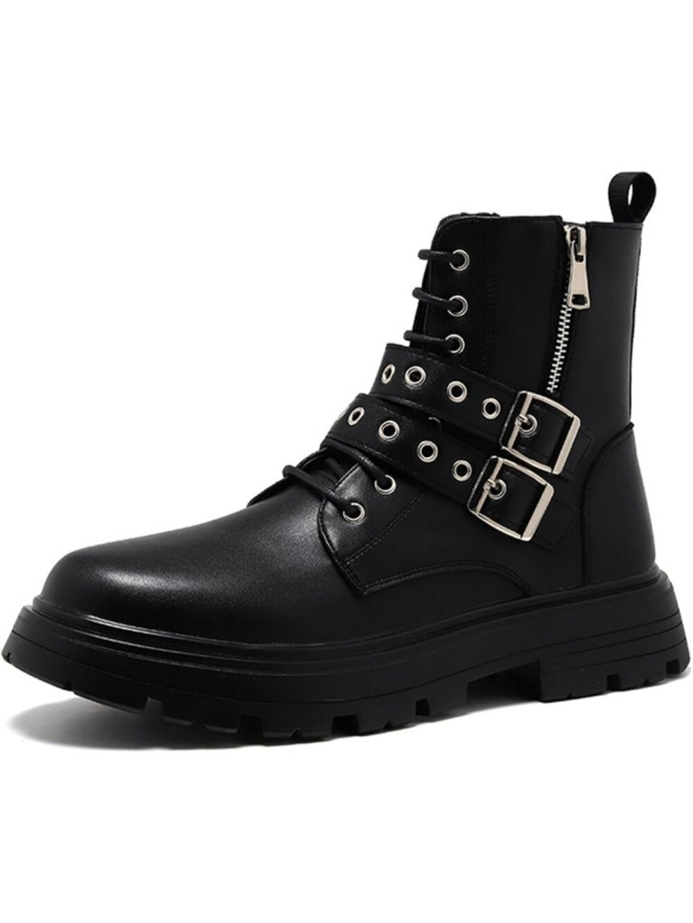 Men's Black Leather Platform Ankle Boots, Lace-Up Side Zip, Non-Slip Combat